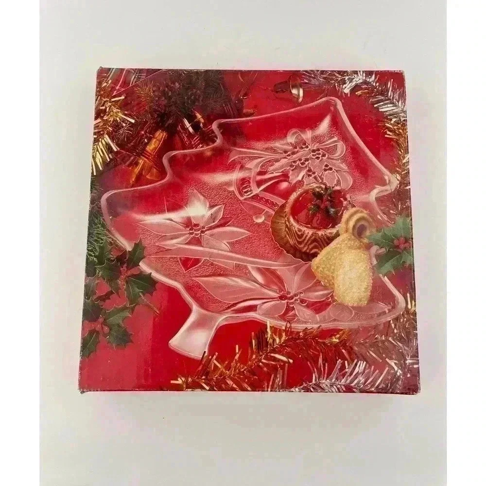 VTG Crystal‎ 13" Christmas Tree Poinsettia Serving Platter Home Decor Mervyn's